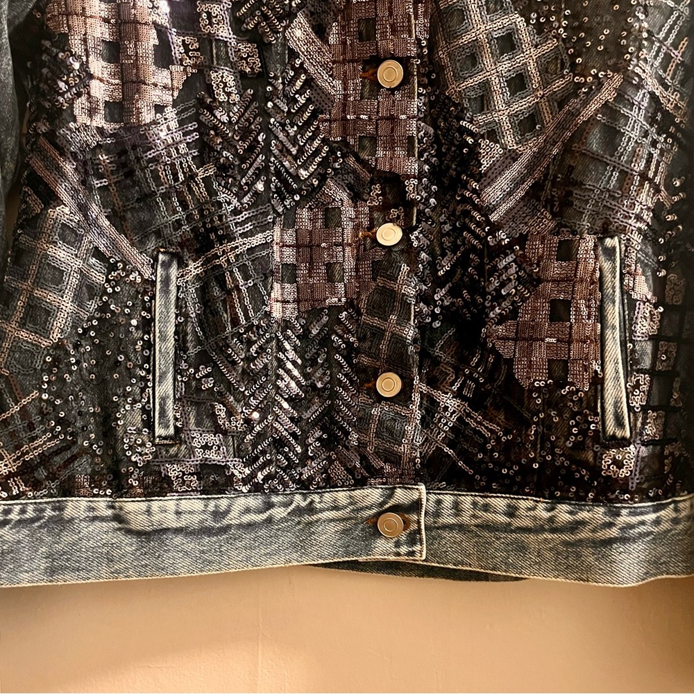 nwt ๐ denim moto jacket with abstract plaid sequins - Picture 8 of 16